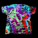 A short-sleeve crewneck t-shirt featuring a vibrant, high-contrast tie-dye pattern with neon green, purple, blue, red, and orange on a black background.