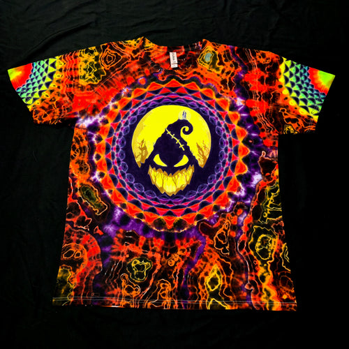 Colorful tie-dye t-shirt with a oogie boogie from nightmare before christmas
