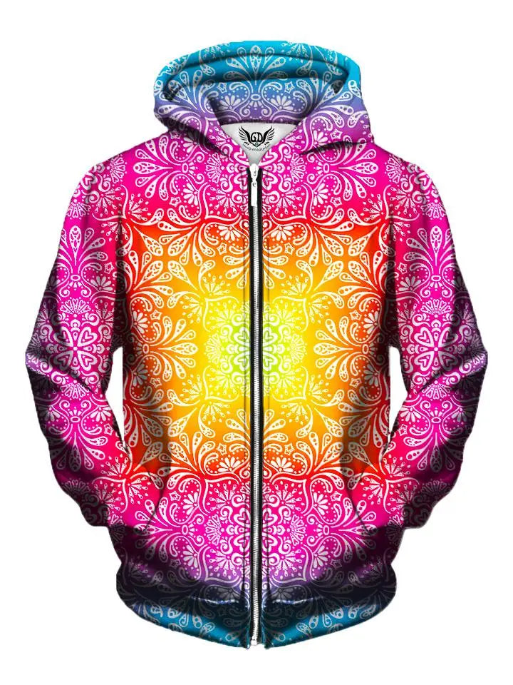 Men's rainbow paisley mandala zip-up hoodie front view.