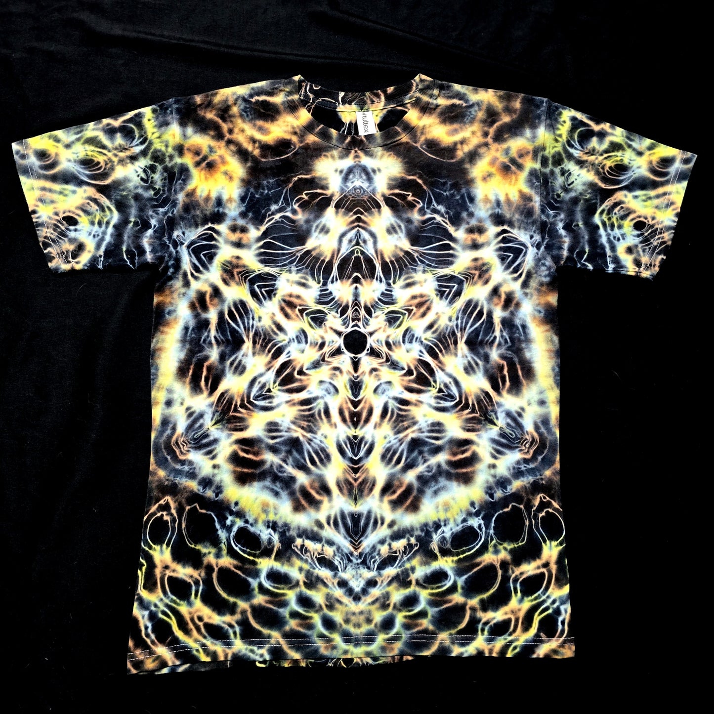 Amber Flux handmade tie-dye shirt with mirrored amber and charcoal pattern, front view