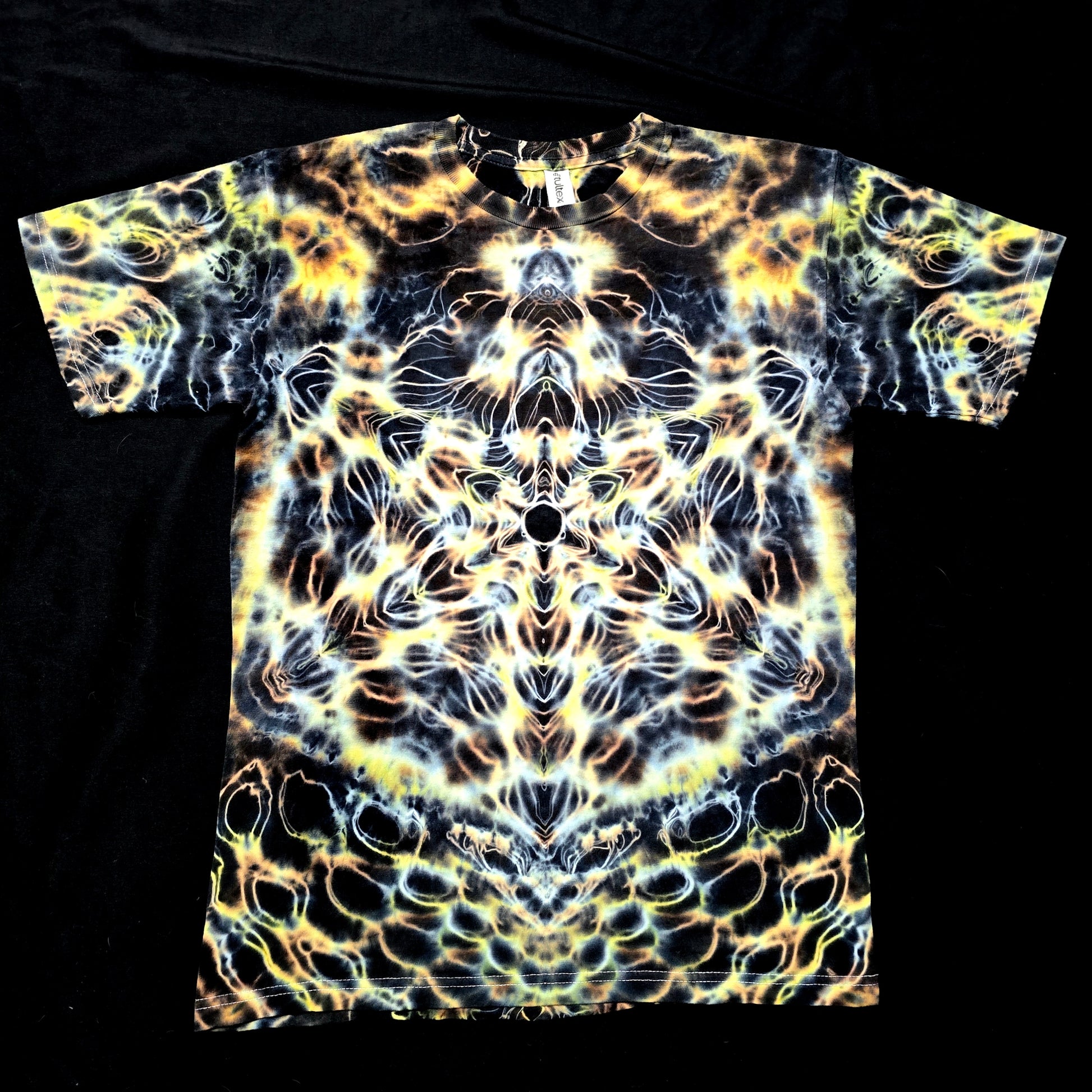 Amber Flux handmade tie-dye shirt with mirrored amber and charcoal pattern, front view