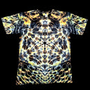 A short-sleeve crewneck t-shirt featuring a highly detailed, symmetrical psychedelic pattern with glowing yellow, orange, and white organic shapes over a black background.