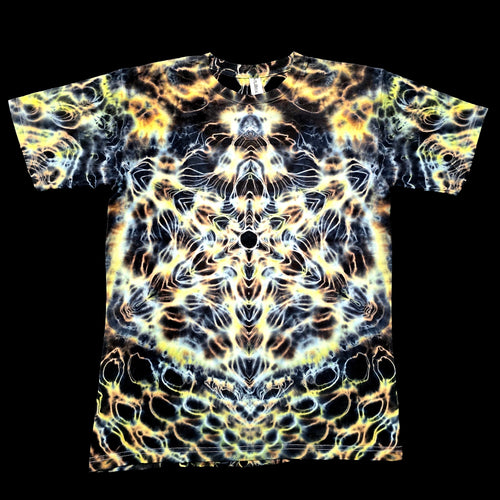A short-sleeve crewneck t-shirt featuring a highly detailed, symmetrical psychedelic pattern with glowing yellow, orange, and white organic shapes over a black background.