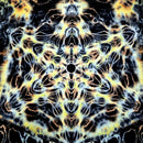 Mandala pattern with black, yellow, and white colors on a dark background