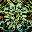 A highly symmetrical, kaleidoscopic abstract pattern with neon yellow, green, and cyan glowing linework over a black background, filling the entire frame.