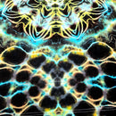Abstract tie-dye pattern with black, yellow, and blue colors on a black background