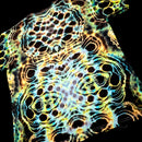 T-shirt with a vibrant, multicolored abstract pattern on a black background