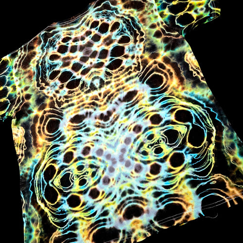T-shirt with a vibrant, multicolored abstract pattern on a black background