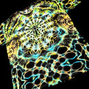 Angled front view of handmade tie-dye tee featuring layered aurora-like color flow