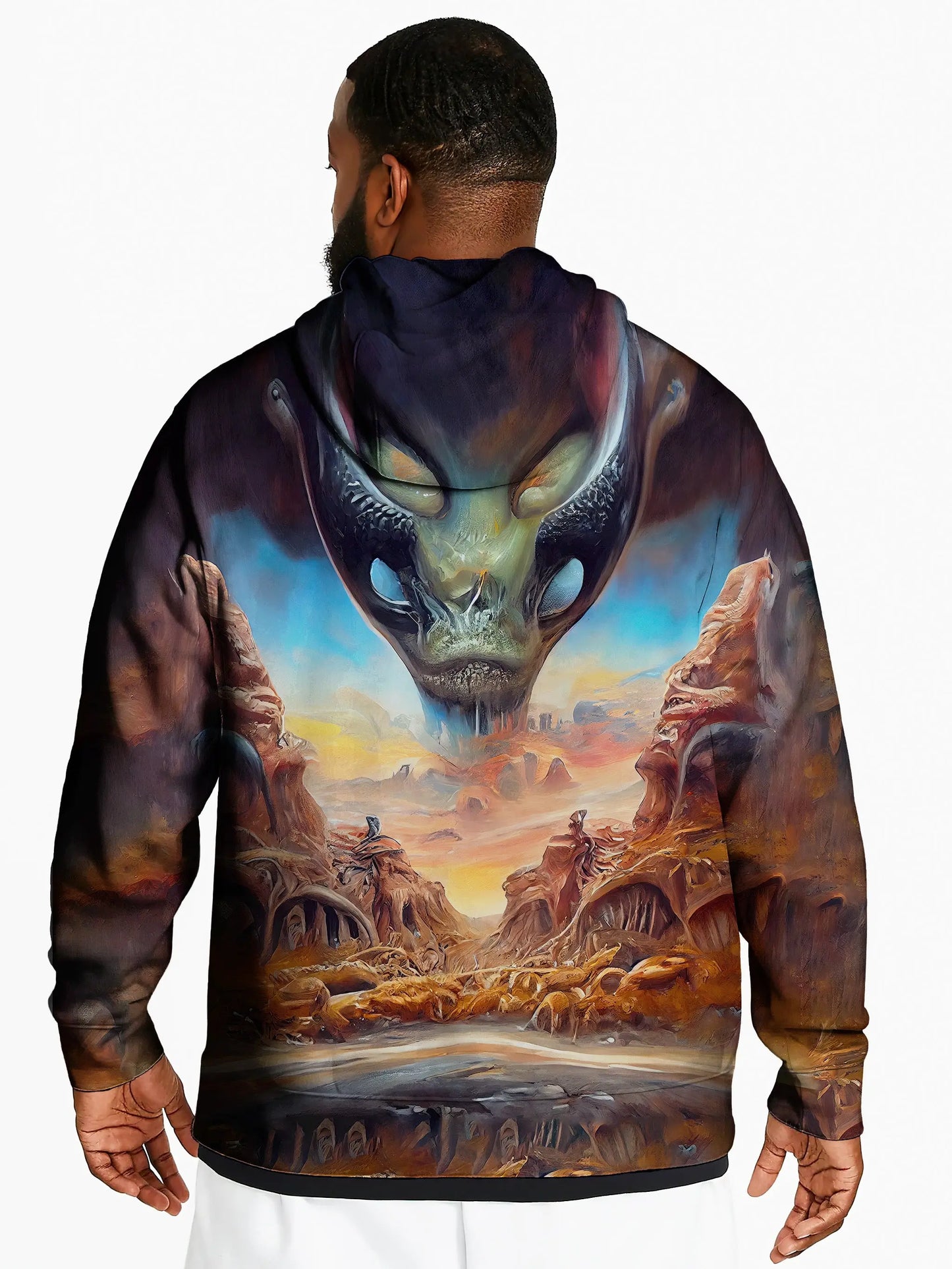 african american man wearing an all over printed hoodie made by ai midjourney
