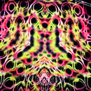 Colorful tie-dye pattern with black circles on a multicolored background