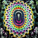 A highly symmetrical, psychedelic kaleidoscope pattern with concentric oval shapes and neon rainbow colors on a black background.