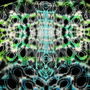 A close-up of a tie-dye fabric featuring a symmetrical, kaleidoscopic pattern with black, white, bright green, and cyan-blue colors.
