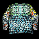 A long-sleeve crewneck shirt with a vibrant, symmetrical psychedelic pattern of black, white, blue, green, yellow, and orange circular motifs, displayed flat against a solid black background.