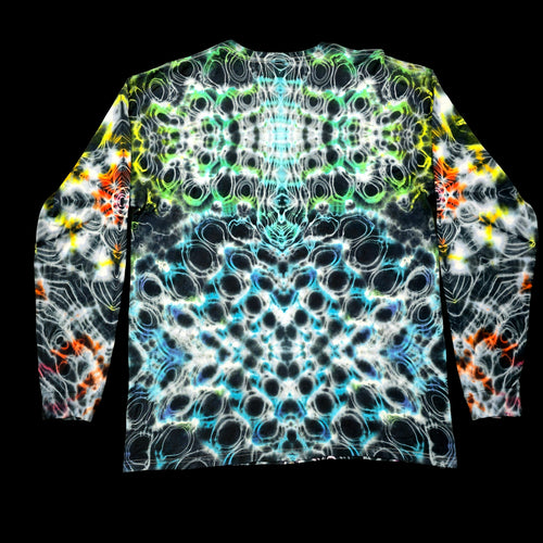 A long-sleeve crewneck shirt with a vibrant, symmetrical psychedelic pattern of black, white, blue, green, yellow, and orange circular motifs, displayed flat against a solid black background.