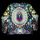 A long-sleeve crewneck shirt featuring a vibrant, symmetrical psychedelic mandala print on a black base, displayed flat against a solid black background.