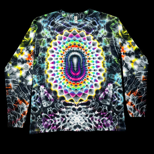 A long-sleeve crewneck shirt featuring a vibrant, symmetrical psychedelic mandala print on a black base, displayed flat against a solid black background.