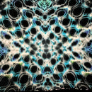 A close-up of a tie-dye fabric with a symmetrical, kaleidoscopic pattern featuring black, white, bright cyan blue, and subtle purple accents.