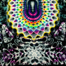 A highly detailed, symmetrical tie-dye pattern featuring a central multicolor mandala with concentric rings of pink, purple, blue, green, and yellow, surrounded by white and black wavy patterns.