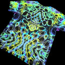 A short-sleeve crewneck t-shirt featuring a vibrant, multicolor neon pattern of wavy lines and circular shapes in yellow, green, blue, and purple over a black base, shown against a solid black background.