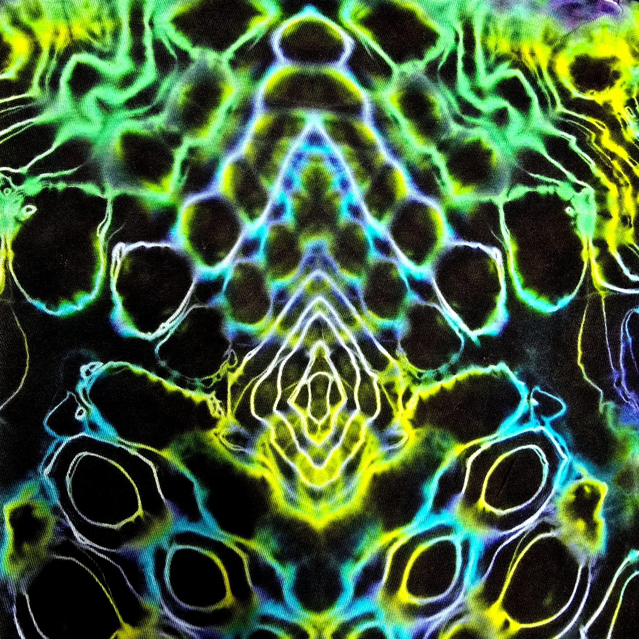 Abstract psychedelic artwork with a symmetrical, mirrored pattern in neon green, yellow, cyan, and black, resembling a kaleidoscopic close-up texture.