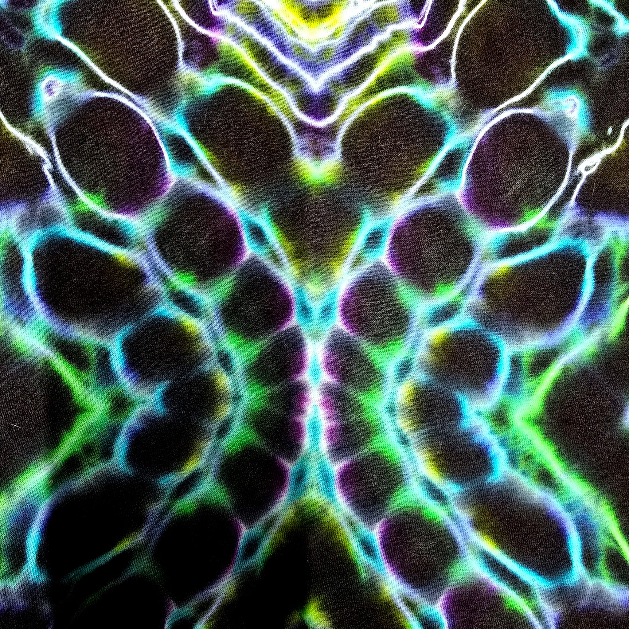Abstract symmetrical digital artwork with glowing neon green, cyan, purple, and white cellular or bubble-like shapes on a black background.