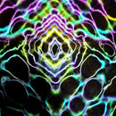 Abstract neon artwork with symmetrical glowing lines in pink, cyan, green, yellow, and purple over a black background.