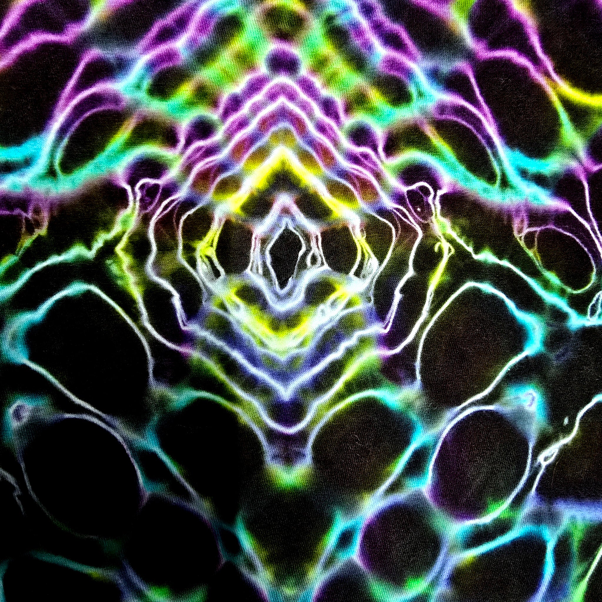 Abstract neon artwork with symmetrical glowing lines in pink, cyan, green, yellow, and purple over a black background.