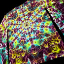 A long-sleeve t-shirt featuring a vibrant, psychedelic tie-dye pattern with a kaleidoscopic mandala design in neon yellow, green, purple, and blue, shown against a black background.