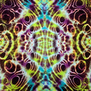 A symmetrical psychedelic tie-dye pattern with neon green, purple, blue, and orange concentric oval motifs filling the frame.