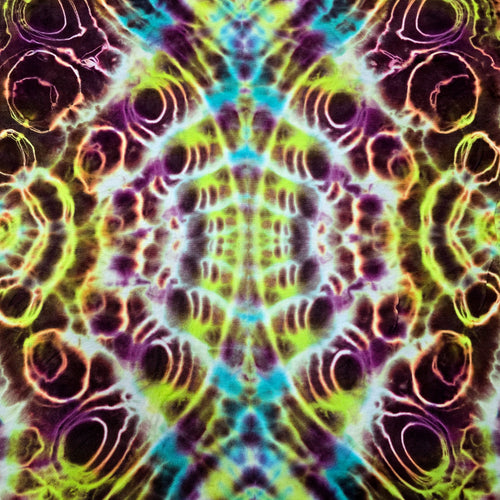 A symmetrical psychedelic tie-dye pattern with neon green, purple, blue, and orange concentric oval motifs filling the frame.