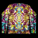 A long-sleeve shirt with a vibrant, symmetrical psychedelic tie-dye pattern featuring neon yellow, green, purple, and blue swirls on a black background.