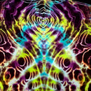 A symmetrical psychedelic tie-dye pattern with neon green, cyan, purple, pink, and yellow wavy lines radiating from the center on a dark background.