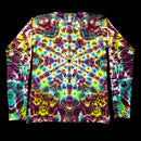 A long-sleeve crewneck shirt featuring a vibrant, symmetrical psychedelic tie-dye pattern with neon yellow, green, purple, and blue tones, displayed flat against a solid black background.