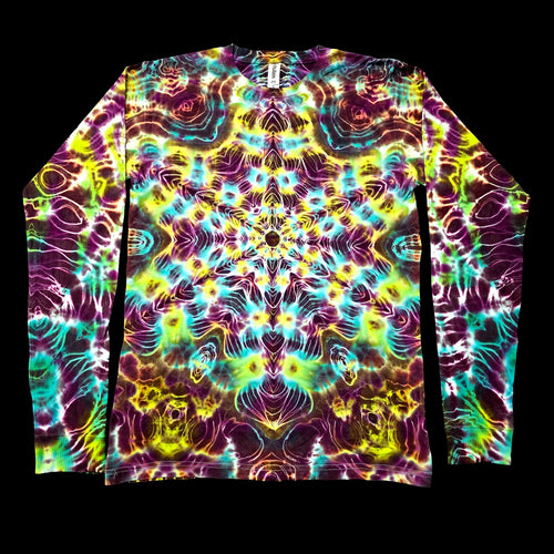 A long-sleeve crewneck shirt featuring a vibrant, symmetrical psychedelic tie-dye pattern with neon yellow, green, purple, and blue tones, displayed flat against a solid black background.