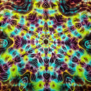 A square fabric or material swatch featuring a vibrant, symmetrical tie-dye pattern with neon yellow, cyan, purple, and dark brown/black tones arranged in a kaleidoscopic radial design.