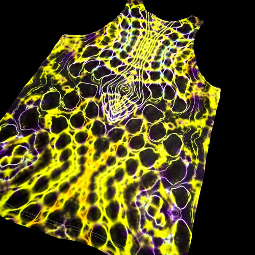 A sleeveless tank top with a vibrant neon yellow and purple cellular or bubble-like pattern, shown against a solid black background.