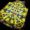 A sleeveless tank top laid flat on a black background, featuring a highly vibrant psychedelic tie-dye pattern with neon yellow, green, purple, blue, and orange abstract flame-like swirls radiating from the center.