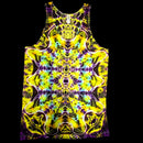A sleeveless tank top with a vibrant, symmetrical psychedelic kaleidoscope pattern in neon yellow, purple, and cyan on a black background.