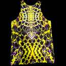 A sleeveless tank top featuring a vibrant neon yellow and purple psychedelic tie-dye pattern with a symmetrical, kaleidoscopic design, shown against a solid black background.