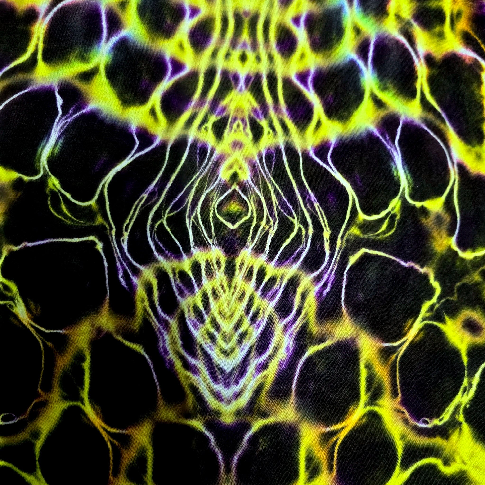 Abstract symmetrical artwork with glowing neon yellow and purple cellular or web-like lines on a black background.