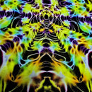 A close-up of a psychedelic tie-dye fabric with a symmetrical, kaleidoscopic pattern in neon yellow, green, purple, blue, and black.