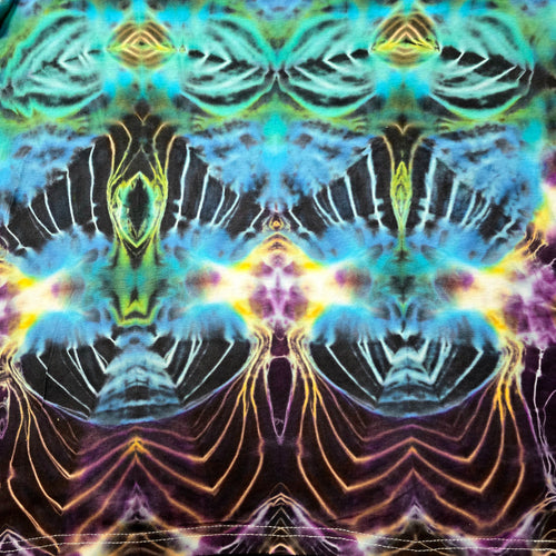 A symmetrical psychedelic abstract artwork with mirrored neon-like shapes and glowing lines in turquoise, blue, purple, yellow, pink, and black.