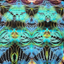 A close-up of a psychedelic tie-dye fabric with a symmetrical, kaleidoscopic pattern in vibrant shades of blue, green, yellow, and black.
