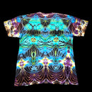 A short-sleeve crewneck t-shirt featuring a vibrant, symmetrical psychedelic neon pattern with glowing cyan, purple, yellow, and orange lines on a black base, shown flat against a solid black background.