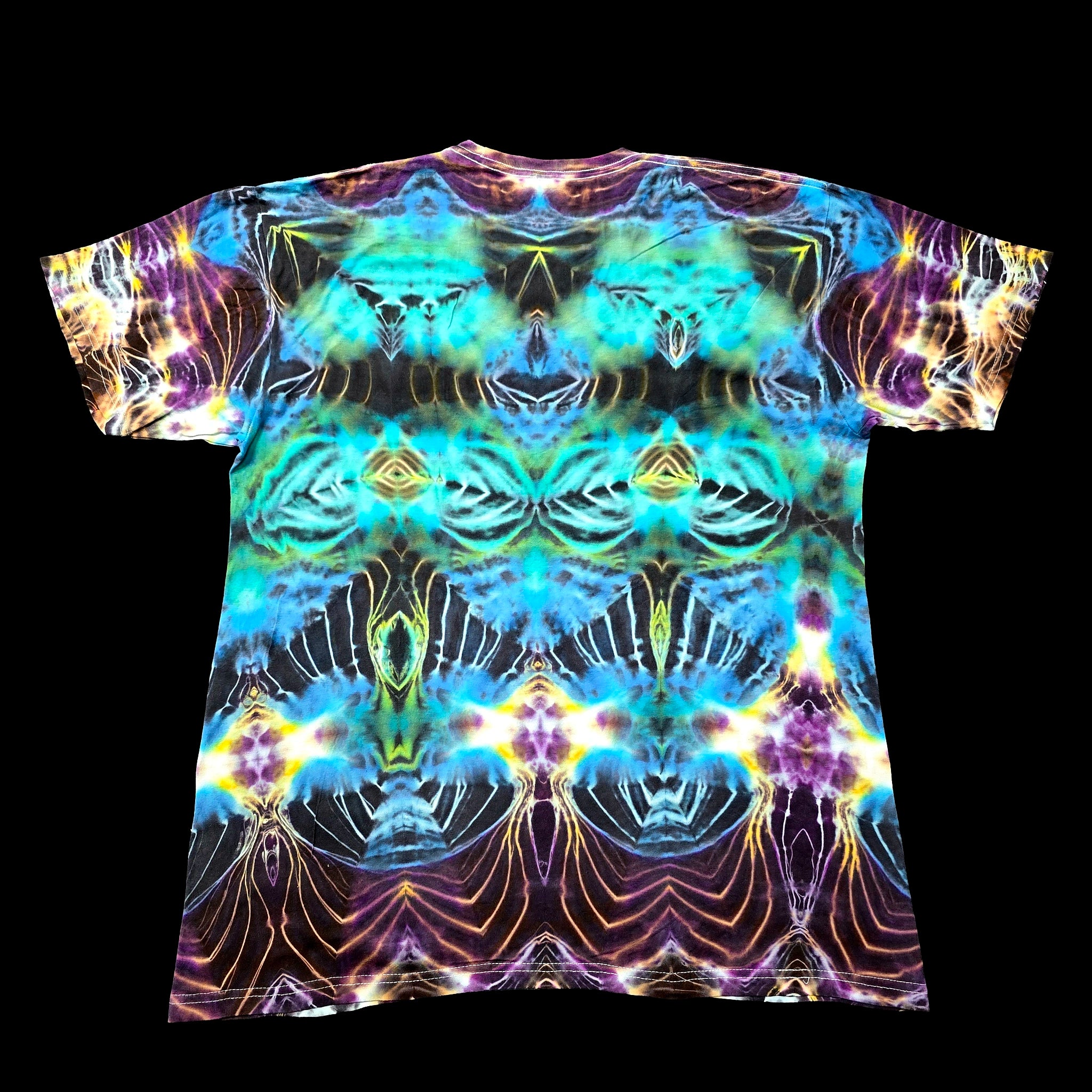 A short-sleeve crewneck t-shirt featuring a vibrant, symmetrical psychedelic neon pattern with glowing cyan, purple, yellow, and orange lines on a black base, shown flat against a solid black background.