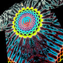 A short-sleeve tie-dye T-shirt featuring a vibrant psychedelic spiral mandala design in neon yellow, green, pink, blue, and purple on a black base.