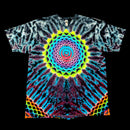 A short-sleeve crewneck t-shirt featuring a vibrant, multicolor psychedelic spiral mandala print on a black background.