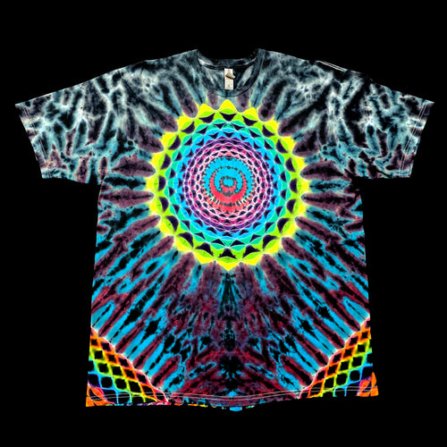 A short-sleeve crewneck t-shirt featuring a vibrant, multicolor psychedelic spiral mandala print on a black background.