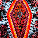 Vibrant psychedelic abstract artwork featuring a central vertical oval motif with concentric rows of red, orange, yellow, and purple hexagons, surrounded by black, white, and red marbled organic patterns.